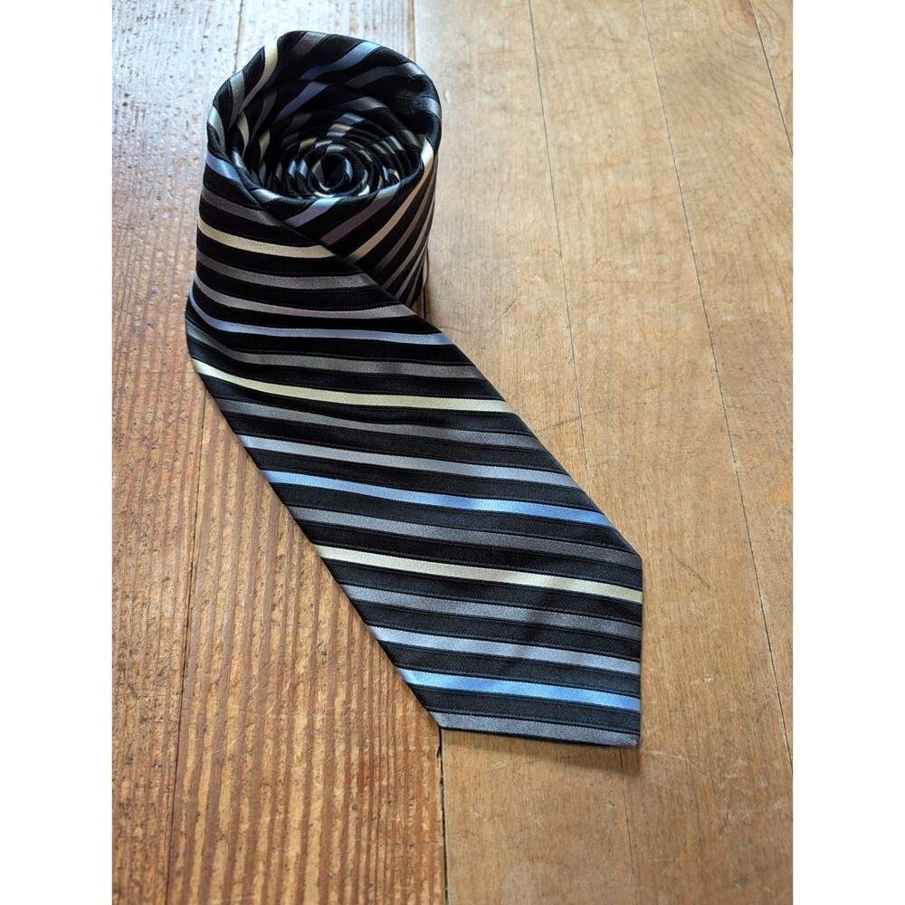 Hart Schaffner Marx Black Blue Yellow Cross-Striped 100% Silk Tie Made In USA